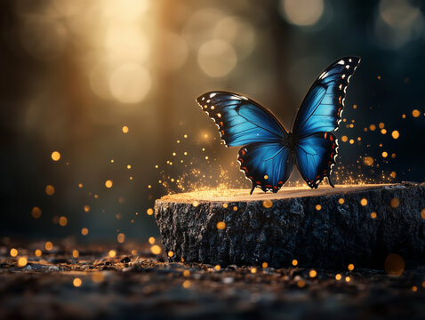 Dreamy Wildlife Concept Featuring Luminous Butterflies, Dark Background and Reflective Ground Texture
