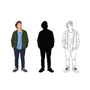 Set of three vector illustrations of a young man looking up, featuring a full color drawing, a black silhouette, and a line art version, wearing a green jacket and blue pants.