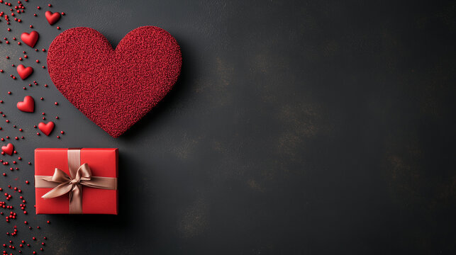 Luxury Romantic Celebration Background with Red Heart Ornament, Gift Package and Empty Text Area