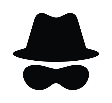 Incognito mode icon in black silhouette style, mysterious spy or hacker character with fedora hat and mask, private browsing and security vector