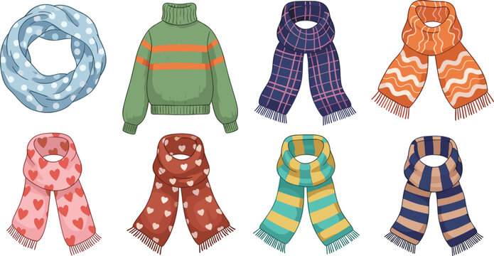 Winter Clothing and Scarf Vector Icon Set featuring Knitted Sweater and Colorful Patterned Scarves for Cold Weather Fashion Seasonal Holiday and Autumn Lifestyle Designs
