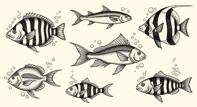 Set of vintage marine fish illustrations in a detailed monochrome engraving style featuring various striped reef species, sea life, and aquatic animals with stippled shading and bubbles.