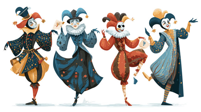 Comic Jesters' Parade: A vibrant illustration showcasing a quartet of playful jesters in ornate costumes, their expressions radiating amusement, poised in a lively parade. 