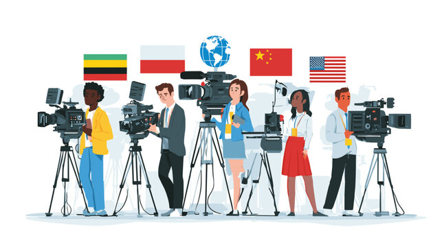 Global News Team: A diverse group of news professionals from around the globe, standing alongside cameras and country flags, reporting on events worldwide.