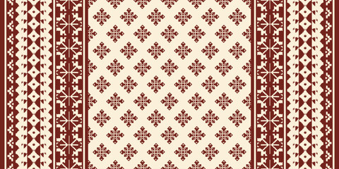 Traditional ethnic floral embroidery pattern with beige motifs on red background, inspired by Indian saree textile design, perfect for clothing, carpet, fabric, and fashion artwork. © supachai