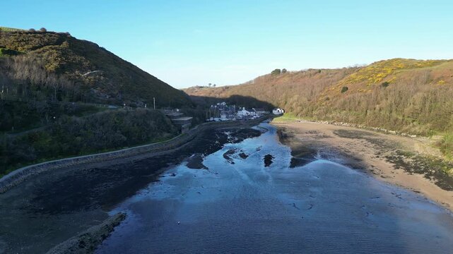 4K Aerial Low Flying Shot Returning to River Solva Harbour, North Wales, Pembrokeshire, UK