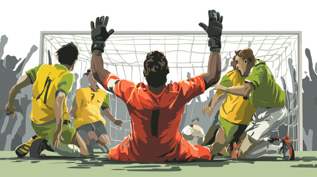 Goal Celebration: Illustrating the electric atmosphere of a soccer match, a goalkeeper, despondent, confronts the jubilant goal scorers. A visual symphony of elation and despair.