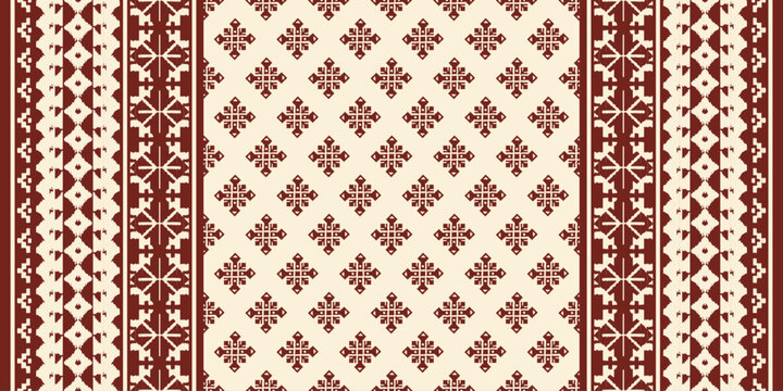 Traditional ethnic floral embroidery pattern with beige motifs on red background, inspired by Indian saree textile design, perfect for clothing, carpet, fabric, and fashion artwork.