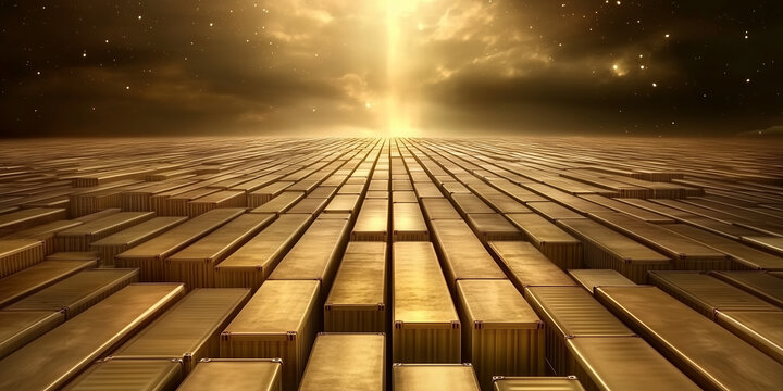 Golden Geometric Pathway Leading Toward Bright Sunlight on a Dramatic Horizon