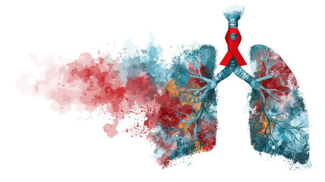 Lungs illustration: This conceptual illustration portrays the human respiratory system, highlighting the lungs with a ribbon symbol.