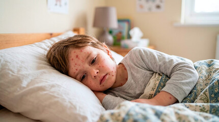 Fototapeta premium Young child with chickenpox rash lying in bed feeling unwell