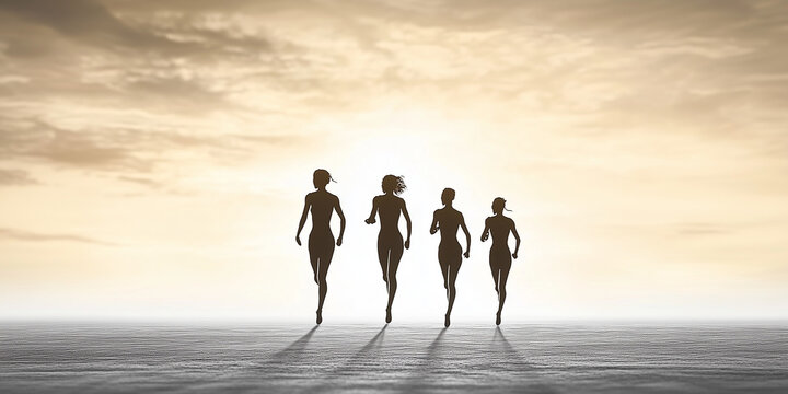 Four Runner Silhouettes Training Together Across Open Landscape in Warm Golden Sunrise Light
