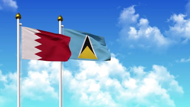 Waving flags of BAHRAIN and SAINT LUCIA on pole included with alpha