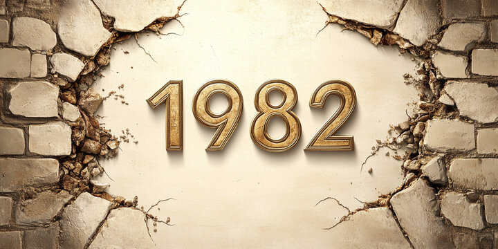 Vintage 1982 Year Text on Cracked Plaster Wall with Aged Stone Texture Background