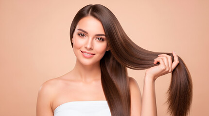 Naklejka premium Beautiful woman with long, healthy, shiny brown hair smiling and touching her hair