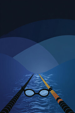 aquatic training concept featuring swim goggles, lane lines and moody blue water surface