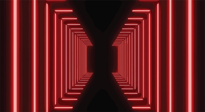 Abstract Futuristic Red Neon Light Tunnel Vector Background with Glowing Geometric Lines and Symmetrical Perspective for Cyberpunk Gaming Technology and Modern Digital Designs