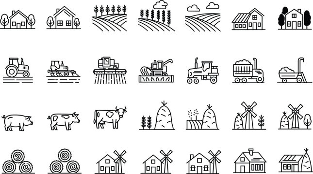 Large Agriculture and Farming Icon Set with Tractors Livestock Farmhouses Windmills and Cultivated Fields for Organic Food Branding Rural Development and Agricultural Infographic Designs