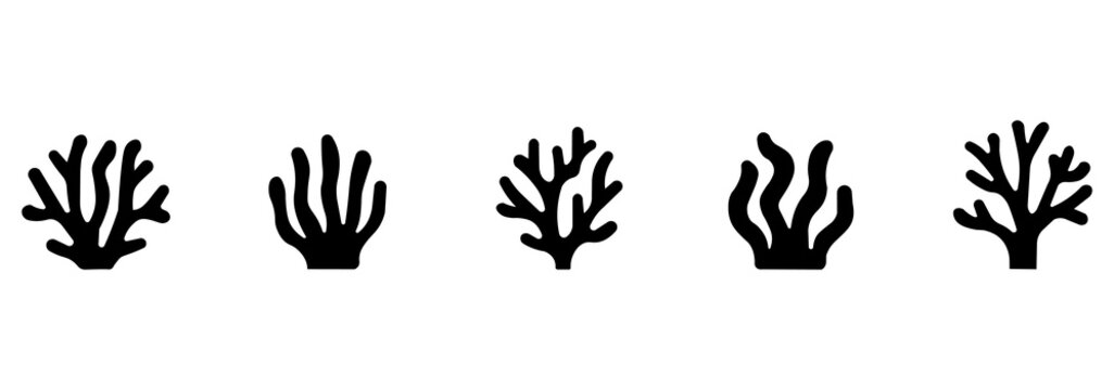 Set of coral reef silhouettes, ocean coral silhouettes and underwater plants. Isolated silhouette pack.