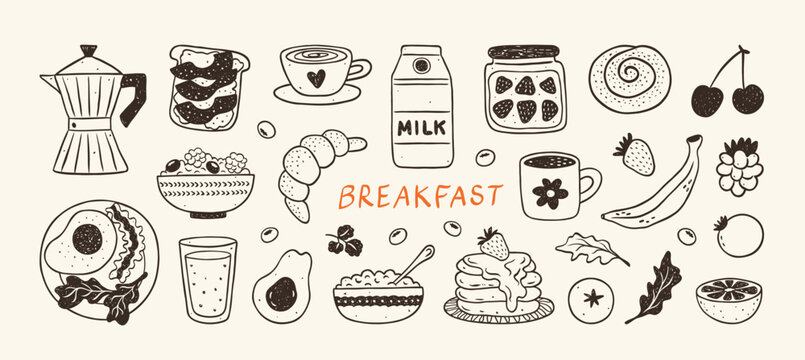 Hand drawn breakfast sketch illustrations. Coffee, egg, croissant, milk, cereal, jam, avocado, toast, pancake in crayon, chalk, ink drawing style. Vector food and drinks whimsical doodle line art.