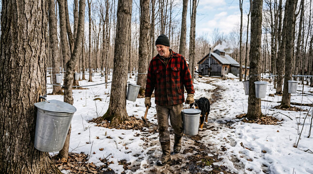 Maple syrup farmer collecting sap buckets in a snowy forest near a rustic sugar shack