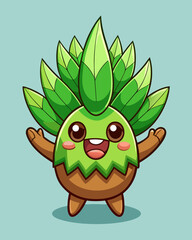 Fototapeta premium Cute leaf monster character with a wide smile and arms outstretched