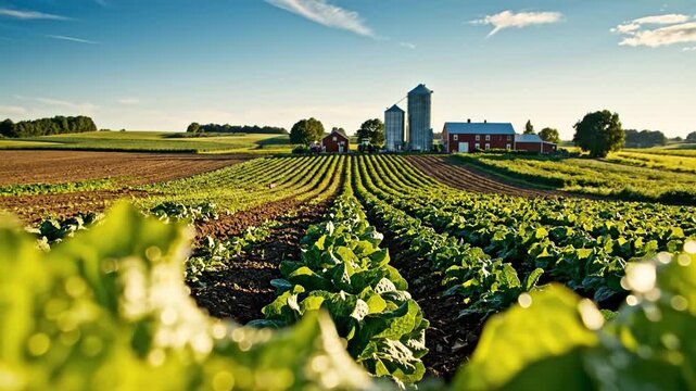 Farm field with green leafy vegetable crops growing in rows under bright blue sky and sunlight, showcasing healthy agriculture on rural farmland with fresh plants and vibrant natural growth