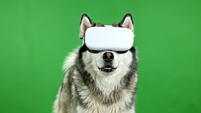 Cute husky dog wearing virtual reality headset on green screen background.
