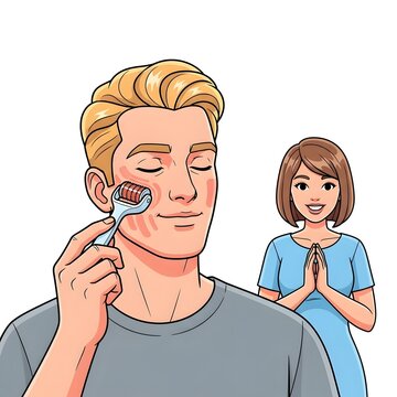 Man using a facial roller tool for skincare while a woman watches with a smile, promoting beauty and self-care