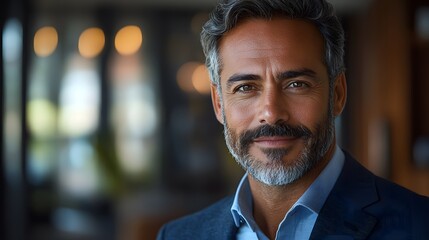 Obraz premium Man with gray beard smiles in a stylish setting during the daytime in a modern indoor space
