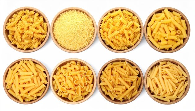 Set of different pasta types on white background, top view 