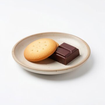 round biscuits and piece of dark chocolate on small ceramic plate isolated on white background.