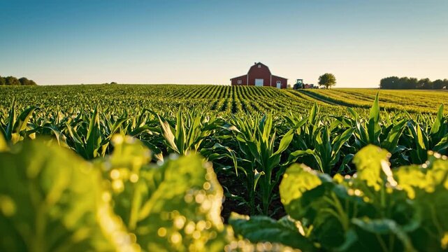 Green crop field with rows of plants and barn clear sky sunset, dew drops green leafy vegetable farm field with blurred barn and clear sky during sunrise, peaceful rural agriculture landscape with