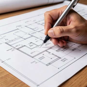 human hand holding pen drawing technical blueprints on paper.