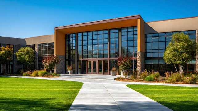Modern office building entrance, business campus exterior