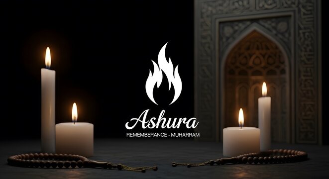Happy ashura reflective candles and symbolic flames on a dark colorful background