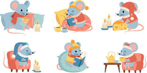 Fototapeta premium Cozy Winter Mice Vector Illustration Set with Mice Drinking Tea, Reading, Wearing Hats and Scarves, Enjoying Winter Activities with Candles, Cheese, and Comfort.