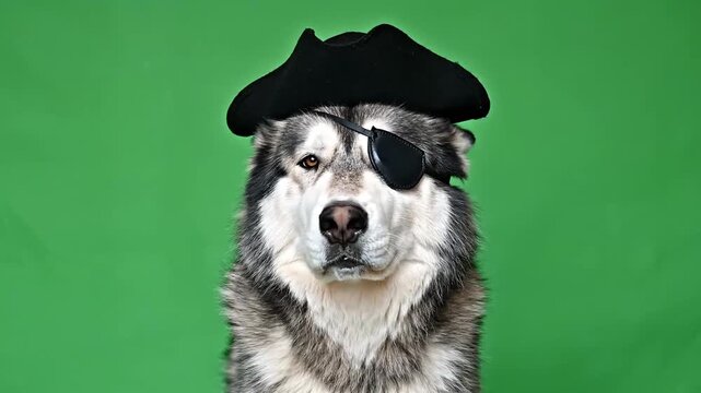Cute Alaskan Malamute dog dressed as a pirate with an eye patch and hat on a green background.