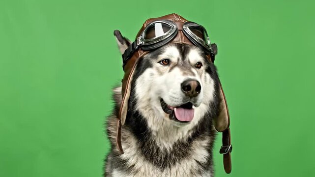 Alaskan Malamute dog wearing aviator hat and goggles on a green screen background.