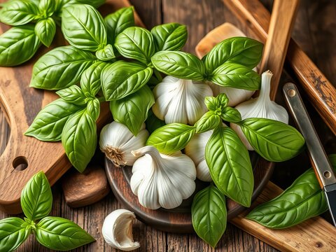 Basil leaves and garlic cloves nestled among rustic wooden boards and utensils, wooden boards, Mediterranean cuisine