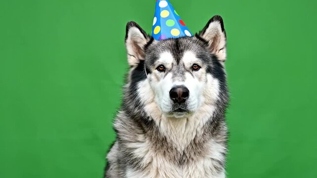 Alaskan Malamute dog wearing a blue polka dot party hat on a green background, looking directly at the camera with a serious expression.