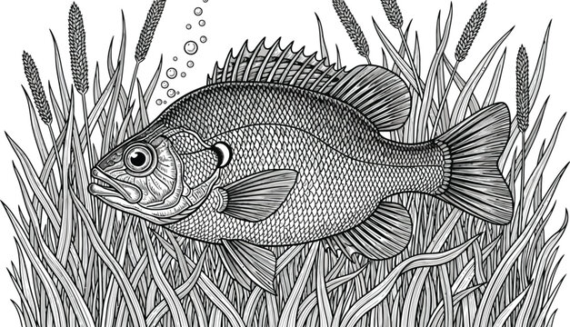 Detailed pen and ink illustration of a sunfish amongst reeds