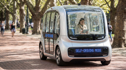 Fototapeta premium Business woman working inside autonomous self driving shuttle vehicle