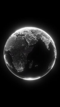 Digital white dotted planet earth loop animation isolated on a black background. Rotating stylized world globe with square particles. Big data technology, business, communication, or digital concept