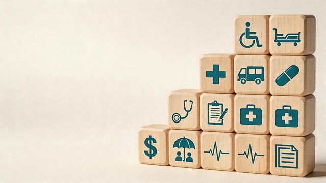 Wooden cubes with healthcare symbolsarranged in steps showing medical insurance coverage and rising health expenses concept on light background with free space for text message