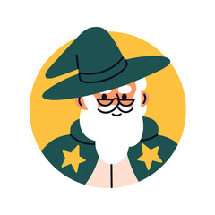Naklejka premium Wizard, face avatar. Magician in hat, glasses, head portrait in circle. Magic fairy character, old man with beard, user profile. Mystic sorcerer. Flat vector illustration isolated on white background
