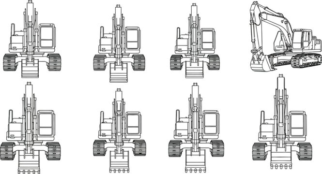 Technical drawings of construction cranes a variety of designs and perspectives