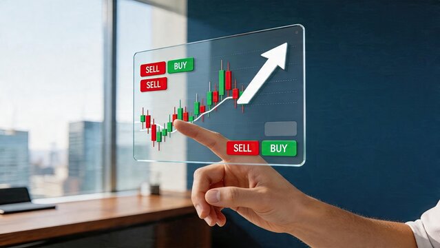Futuristic hologram interface showing stock market candlestick chart with buy and sell buttonshand touching transparent screen for financial trading investment growth analysis