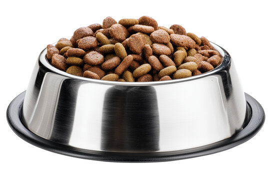 Shiny metal pet bowl full of dry food isolated on white background png