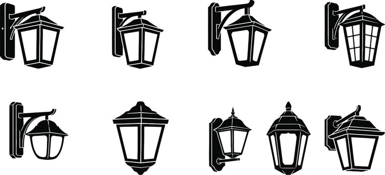 Collection of vintage wall lanterns black and white sketch illustrations
